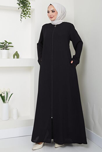 hafsamina Large Size Black Ferace - Zippered HM2488