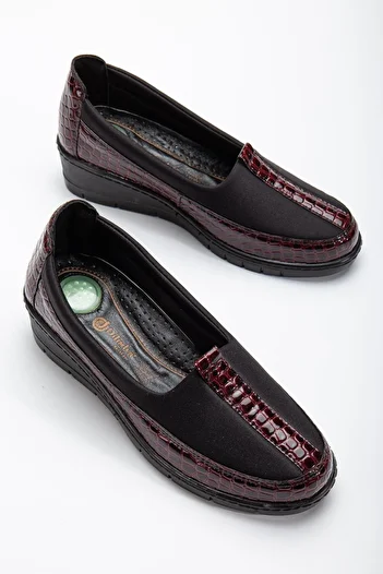 Dilimler Ayakkabı Genuine Leather Patent Leather and Diver Material Claret Red Large Size Women's Shoes Daily