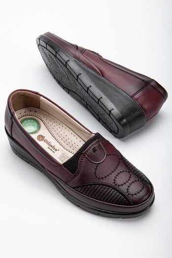 Dilimler Ayakkabı Genuine Leather Embroidery Detailed Skin Burgundy Large Size Women's Shoes Daily
