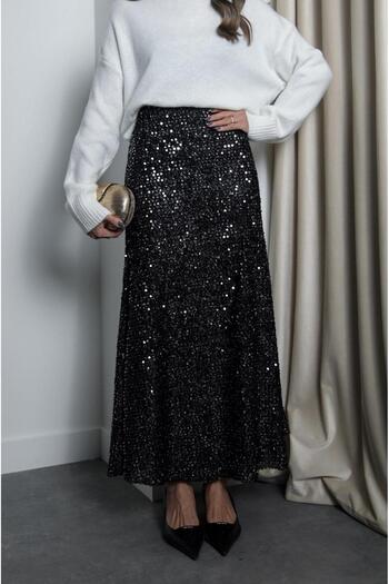 Havoş Black Silver Sequined Bell Skirt