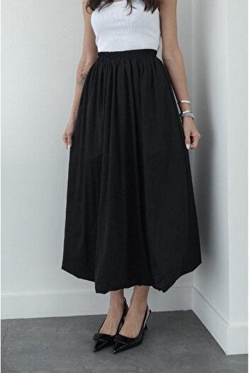 Havoş Parachute Fabric Black Balloon Skirt - Elastic Waist
