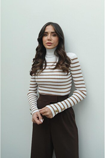 Havoş Ecru Mink Fisherman Striped Gold Button Detailed Knitwear