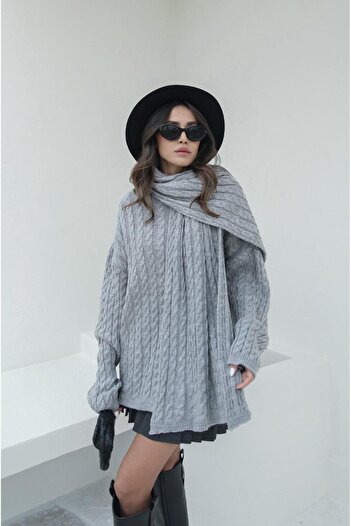 Havoş Gray Scarf Hair Knitted Sweater