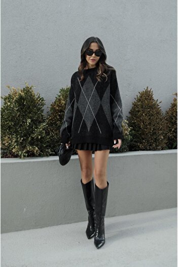 Havoş Black Dark Gray Diamond Patterned Sweater