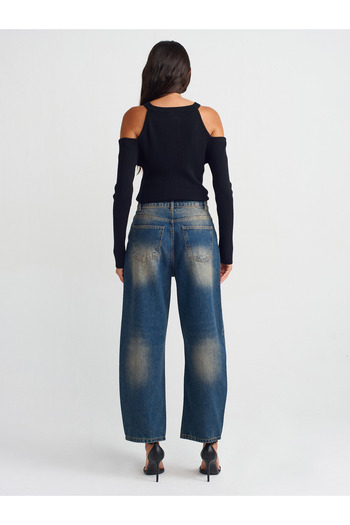 Dilvin 71718 Pantaloni din denim cu tăietură cu balon cu detalii cu cleme - Albastru închis