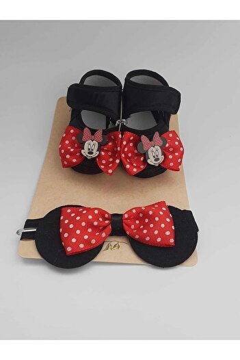 VaVbaby Minnie Black Color Baby Girl Bandana and Shoes 0-6 Months Cute Cute Comfortable Soft Sole