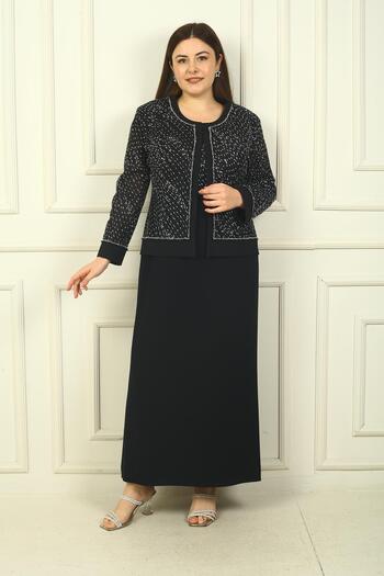 By Saygı Beaded Sequin Embroidered Tulle Jacket and Long Dress - Half Moon Sleeves, Lined, Large Size 2-piece Set