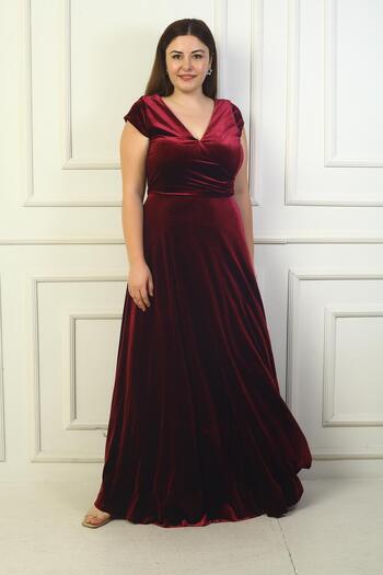 By Saygı V-Neck Gathered Side Detail - Large Size Velvet Dress with Half Moon Sleeves