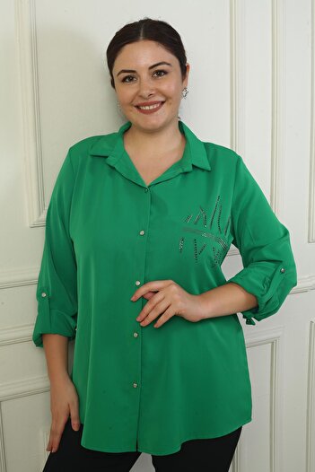 By Saygı Stone Detailed Crepe Satin Large Size Women's Shirt - Sleeve Folded