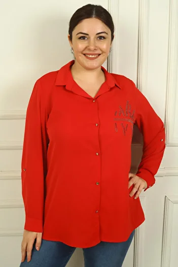 By Saygı Stone Detailed Crepe Satin Large Size Women's Shirt - Sleeve Folded
