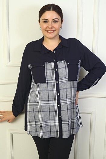 By Saygı Large Size Viscose Shirt - Double Pocket, Plaid Sleeve Design