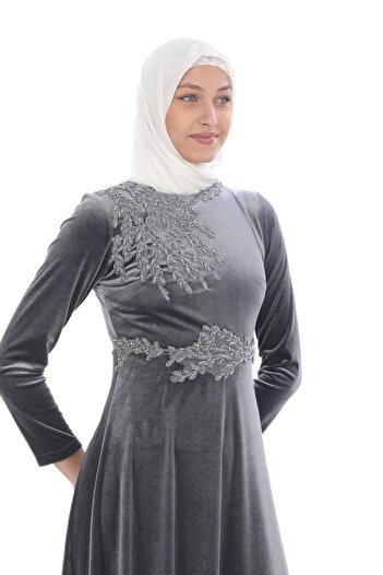 lodmela Γκρι Velvet Hijab Βραδινό Φόρεμα - Απλικέ Λεπτομέρεια, Φόρεμα 694