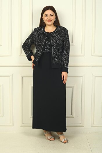 By Saygı Beaded Sequin Embroidered Tulle Jacket and Long Dress - Half Moon Sleeves, Lined, Large Size 2-piece Set