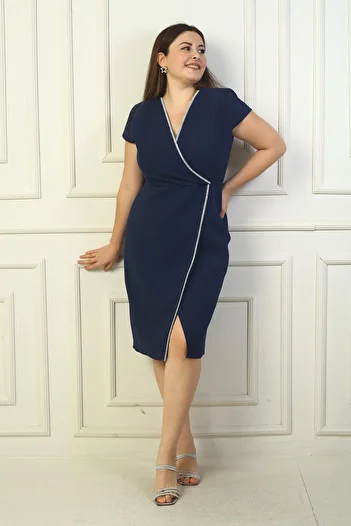 By Saygı Stone Detailed Double Breasted Collar Half Moon Sleeve B.B. Dress - Slit Front