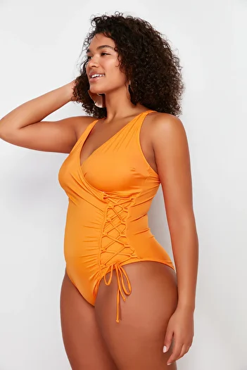 Trendyol Curve Orange Double Breasted Lacing Detail Plus Size Swimsuit Tbbss23Am00034