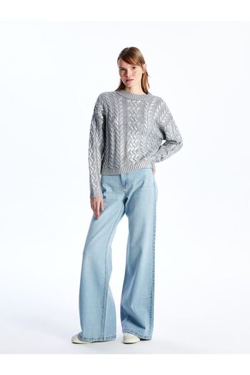 Dexia Bari - Crew Neck, Φύλλο εμπριμέ, Πλεκτό Πλεκτό Πουλόβερ με μοτίβο μαλλιών - Ασημί χρώμα
