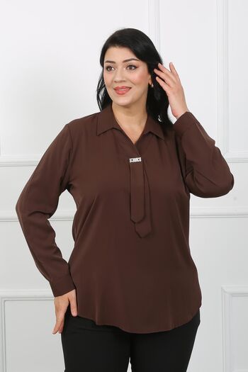 By Alba Collection Jessica Fabric Large Size Shirt - Stone Detailed, Brown