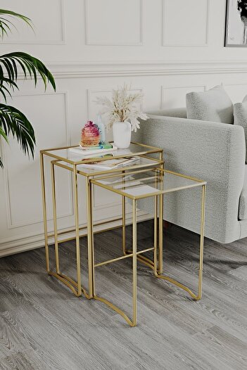Catchme Retro 3 lü Zigon Sehpa, Metal Sehpa, Cam Sehpa, Salon, Yatak Odası, Antre