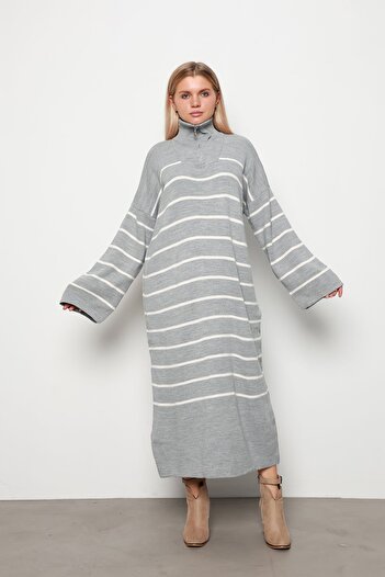 İKLİM LİFE Gray Thin Striped Zippered Knitwear Dress