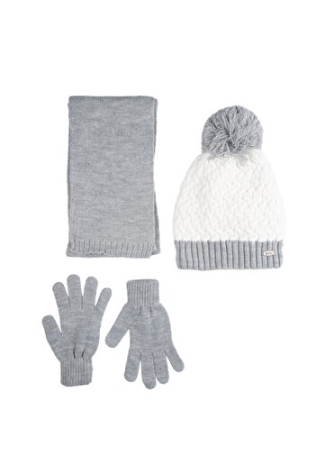 Kitti Krem Gri 9-15 Yaş Atkı Bere Eldiven Set Kız Çocuk