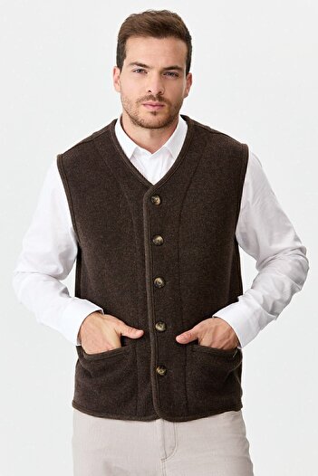 Desen Triko Men's V-Neck Pique Woven Wool Vest with Felt Accessories Dark Brown