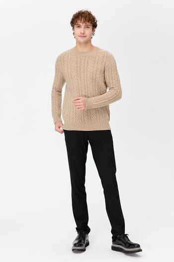 Desen Triko Men's Crew neck Knitted Wool Sweater Red Beige