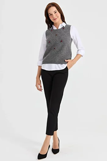 Desen Triko Women's Crew Neck Front Loose Linked Wool Sweater Smoked