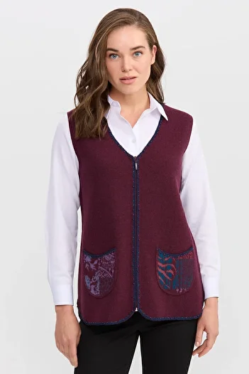 Desen Triko Women's V-Neck Water Stone Beaded Embroidered Short Wool Vest Plum