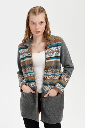 Desen Triko Smoked Women's Polo Neck Felted Wool Cardigan