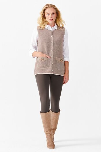 Desen Triko Women's Zero Collar Shoulder Pocket Cover Felt Embroidered Buttoned Vest V.beige