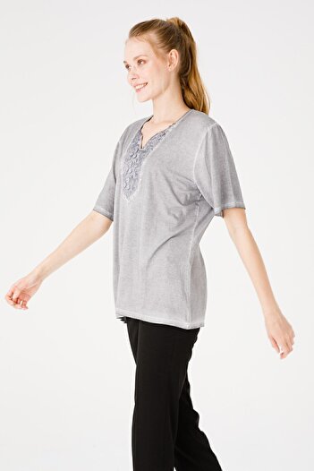 Desen Triko Women's Turn-down Collar Short Sleeve Laced Combed Cotton Blouse Gray