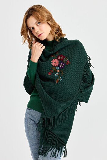 Desen Triko Women's Knitwear Rice Knit Embroidered Wool Shawl Green