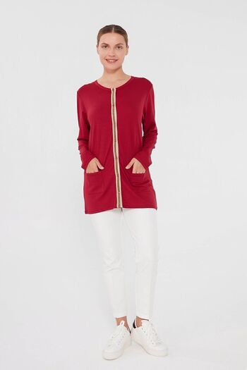 Desen Triko Women's Crew Neck Front Glittered Combed Cotton Jacket Red