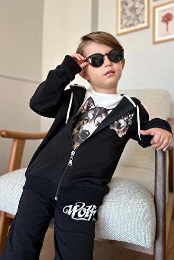 Riccotarz Boy's Black Wolf Printed Tracksuit and Hooded Jacket Set