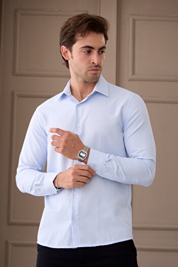 RAVANELLI Erkek Mavi Uzun Kol Slim Fit Dar Kesim Klasik Yaka Desenli Pamuklu Gömlek