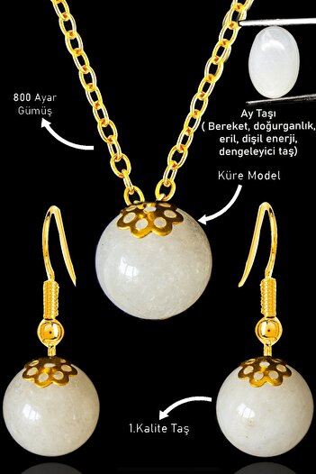 Erilsa Gold Globe Model Moonstone Necklace and Earring Set - Silver Apparatus, Certified