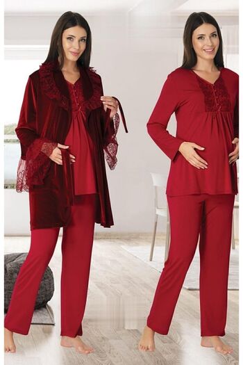 Effort Pijama Women's Cherry Velvet Maternity Pajamas Set with Dressing Gown 8088
