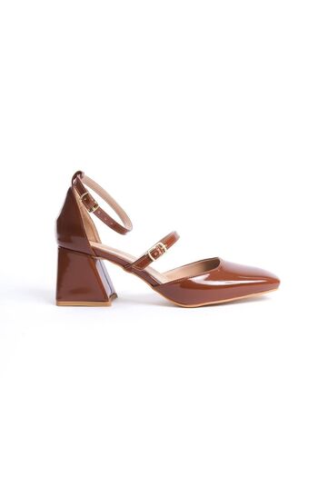 Modabuymus Sigva Mary Jane - Brown Patent Leather, Blunt Toe Thick Heel and Band Detailed Shoes