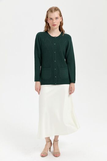 Desen Triko Green Women's Wool Cardigan - Zero Collar, Diamond Seamless Knitting on the Front