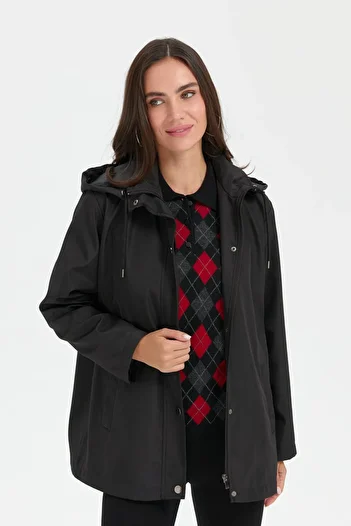 Desen Triko Women's Black Trench Coat - Hooded and Side Pocket