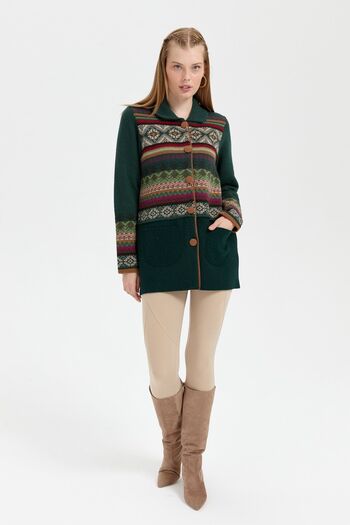 Desen Triko Green Women's Polo Neck Felted Araboy Wool Cardigan