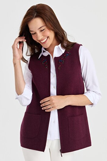 Desen Triko Women's Zero Collar Lace Embroidered Wool Vest Red Plum