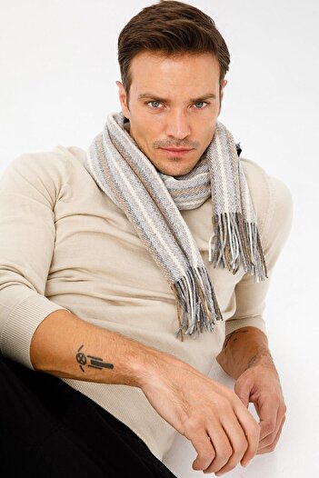 Desen Triko Men's Striped Wool Scarf V.beige