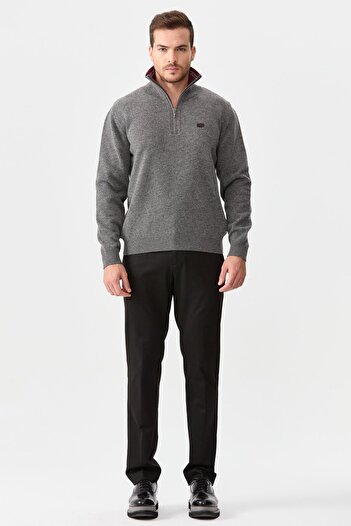 Desen Triko Men's Zipper Collar Classic Wool Sweater Smoked