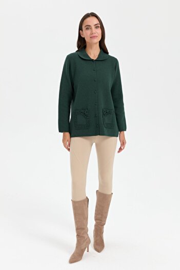 Desen Triko Green Women's Polo Collar Rose Embroidered Short Wool Cardigan