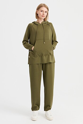 Desen Triko Women's Hooded Sweat with Side Snap Pockets Khaki