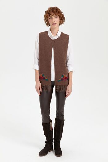 Desen Triko Brown Embroidered Wool Vest - Null Collar, Embroidered Skirt D. Brown