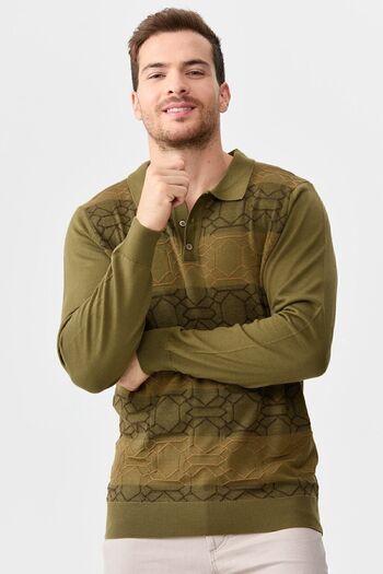 Desen Triko Men's Polo Collar Front Patterned Sweater A.khaki
