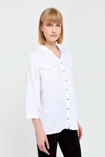 Desen Triko White Women's Shirt with Flap Pockets