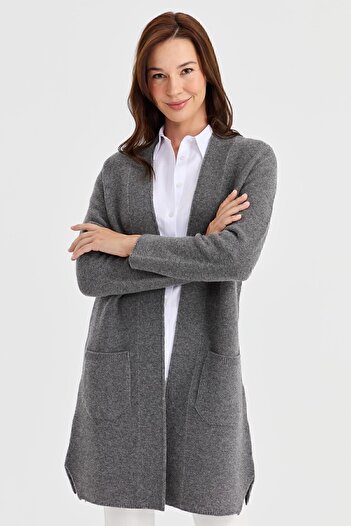 Desen Triko Women's High Collar Self-Banded Long Wool Cardigan Smoked